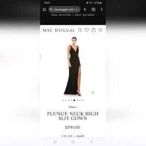 Ieena for Mac Duggal PLUNGE NECK HIGH SLIT GOWN: black evening gown with slit.